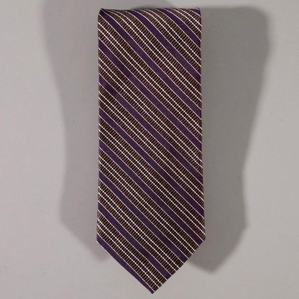 Hickey Freeman Necktie Mens OS Purple Brown Striped Silk Hand Tailored USA